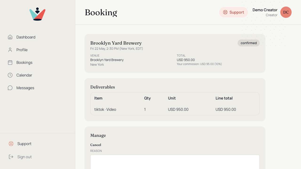 Confirmed booking with commission breakdown