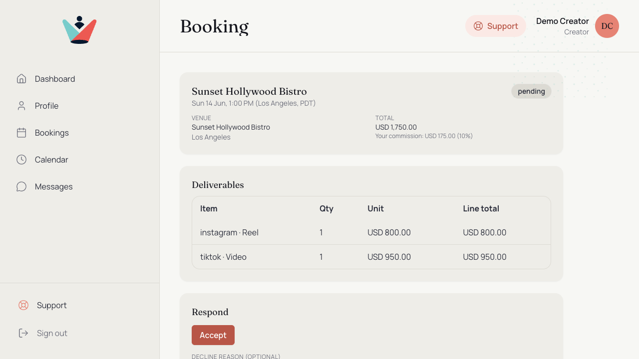 Reviewing a pending booking request with deliverables