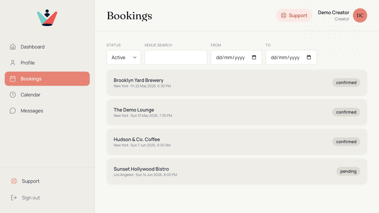 List of bookings filtered by status