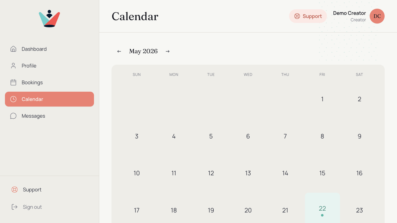 Monthly calendar of bookable days