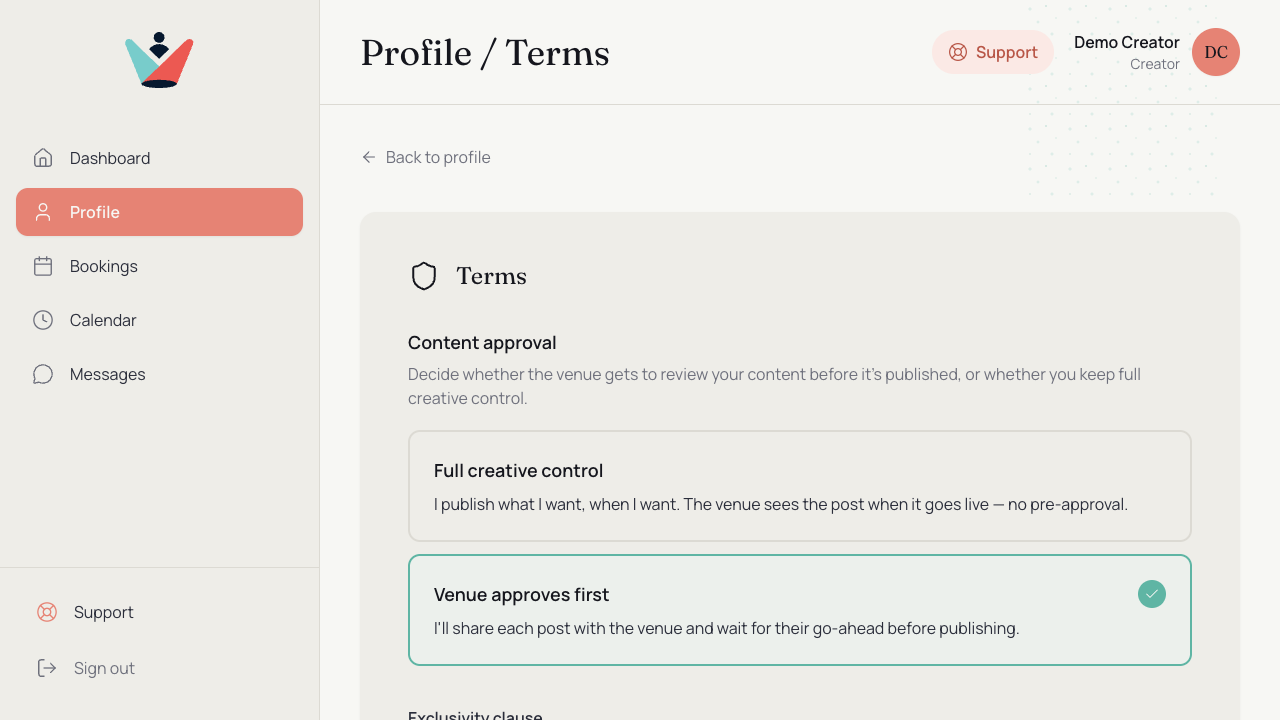 Choosing content approval and terms
